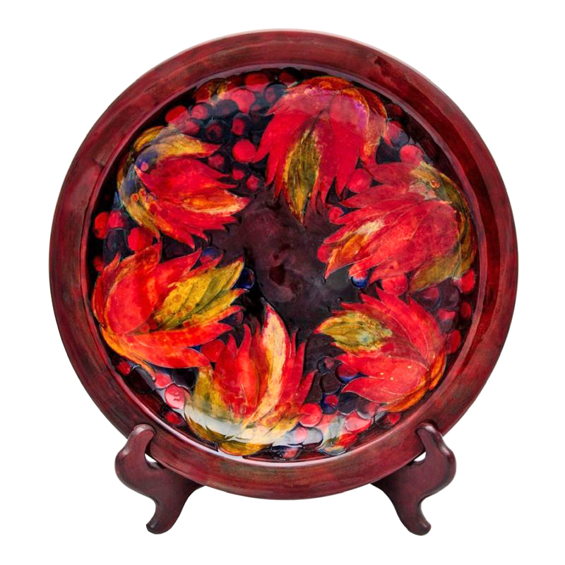 Moorcroft Large Shallow Bowl Leaf Fruit Pattern Flambe Glaze circa 1928-34