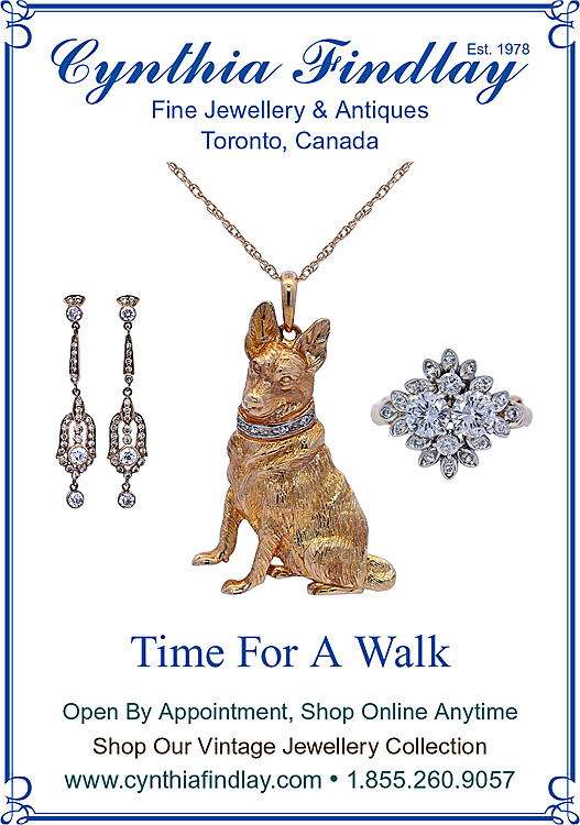 Time For A Walk was an ad featured in The Globe And Mail on Thursday March 19th and Saturday March 21st. Showcasing vintage diamond earrings, a vintage dog pendant with a diamond collar and a beautiful vintage diamond cluster ring and set in yellow gold